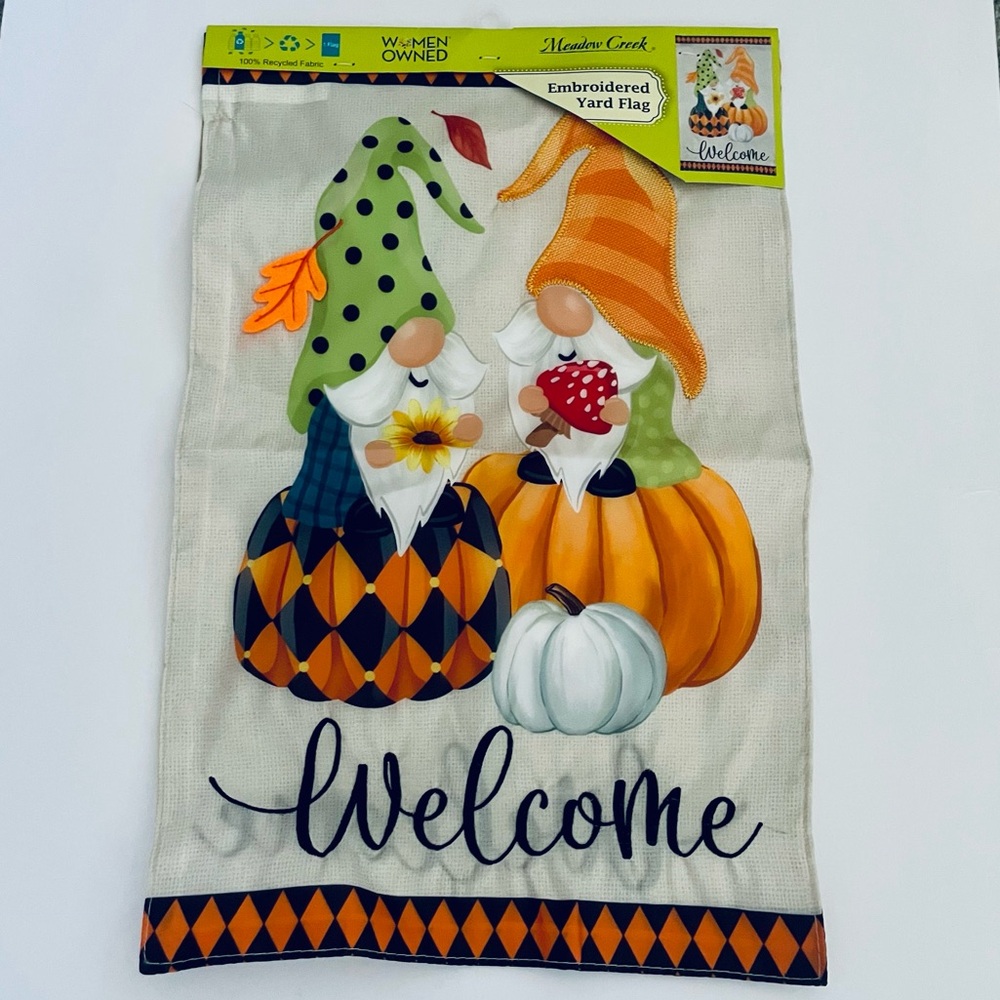 Meadow Creek embroidered autumn Fall “Welcome” yard flag gnomes, pumpkins NWT